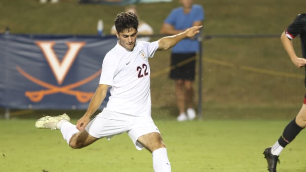 Michael Tsicoulias takes a shot during the Virginia men's soccer game against Maryland at Klockner Stadium.